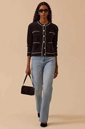 Kadın Düğmeli Biye Detaylı Triko Hırka - Siyah | S