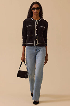 Kadın Düğmeli Biye Detaylı Triko Hırka - Siyah | S