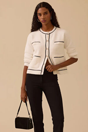 Kadın Düğmeli Biye Detaylı Triko Hırka - Ekru | M