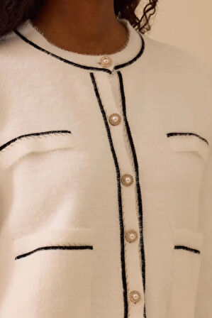 Kadın Düğmeli Biye Detaylı Triko Hırka - Ekru | M