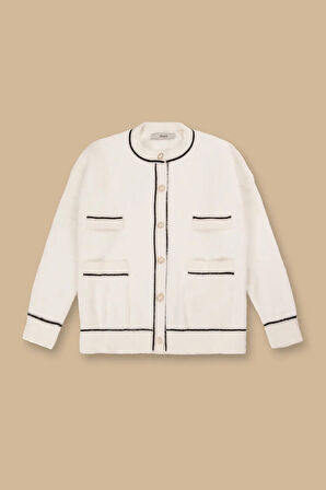 Kadın Düğmeli Biye Detaylı Triko Hırka - Ekru | M