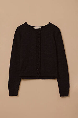 Kadın Düğmeli Bel Boy Triko Hırka - Siyah | L