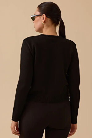 Kadın Düğmeli Bel Boy Triko Hırka - Siyah | L