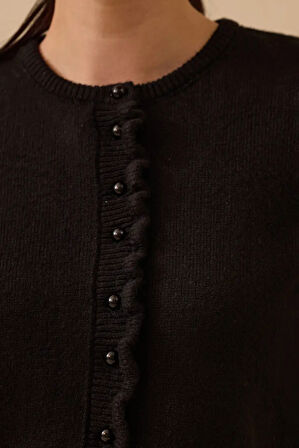 Kadın Düğmeli Bel Boy Triko Hırka - Siyah | L