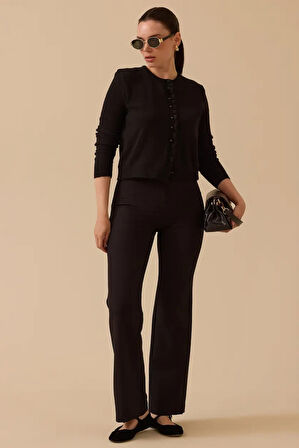 Kadın Düğmeli Bel Boy Triko Hırka - Siyah | S