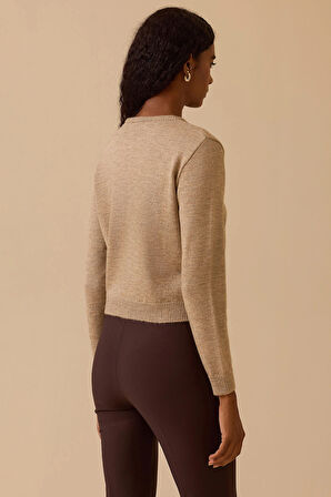 Kadın Düğmeli Bel Boy Triko Hırka - Bej | L