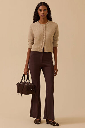 Kadın Düğmeli Bel Boy Triko Hırka - Bej | L