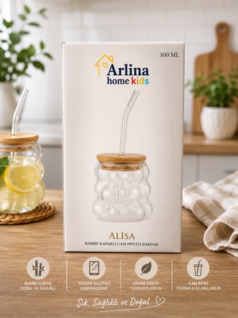 Arlina Home Kids Alisa 300 ml Bambu Kapaklı Cam Pipetli Su Bardağı