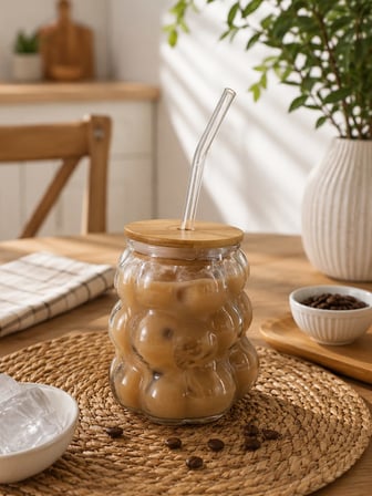 Arlina Home Kids 300 ML Üzüm Model Bambu Kapaklı Cam Pipetli Bardak