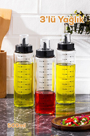 Porsima 401354 3lü Kapaklı Ölçekli Cam Yağlık Sirkelik Yağdanlık 500ml