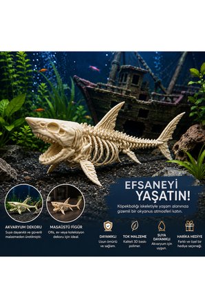 3D Köpekbalığı İskeleti Fosil Görünümlü Akvaryum Dekoru Ve Masaüstü Süs Figürü Kemik Rengi
