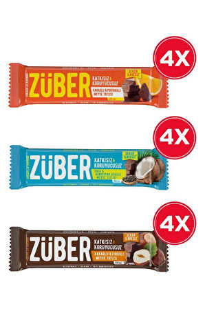 Züber 3'lü Meyve Bar Paketi (Chia, Fındıklı  ve Portakallı Meyve Bar) 40g x 12 Adet