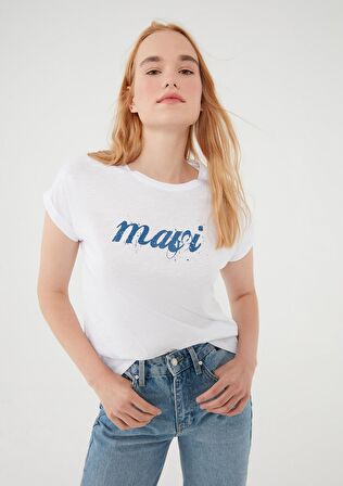 Mavi Logo Baskılı Beyaz Tişört 166422-620