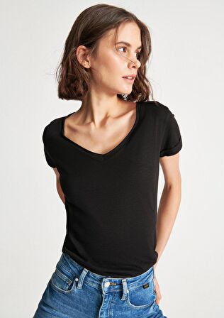 Mavi Lux Touch V Yaka Siyah Modal Tişört 166446-900