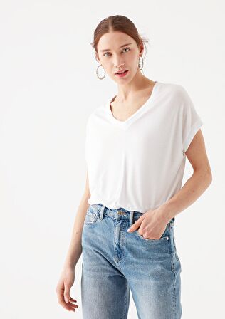 Mavi V Yaka Beyaz Basic Tişört 166449-620