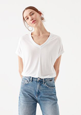 Mavi V Yaka Beyaz Basic Tişört 166449-620