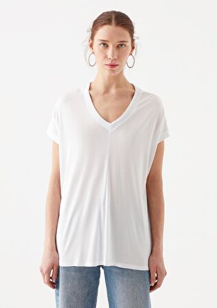 Mavi V Yaka Beyaz Basic Tişört 166449-620