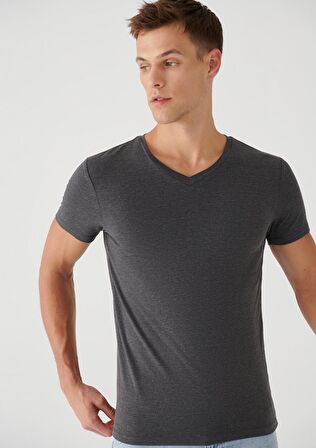 Mavi V Yaka Streç Gri Basic Tişört 061748-24398