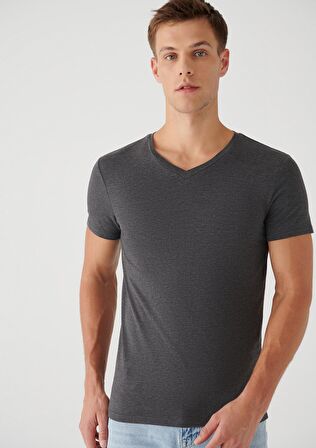Mavi V Yaka Streç Gri Basic Tişört 061748-24398