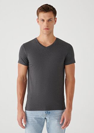 Mavi V Yaka Streç Gri Basic Tişört 061748-24398