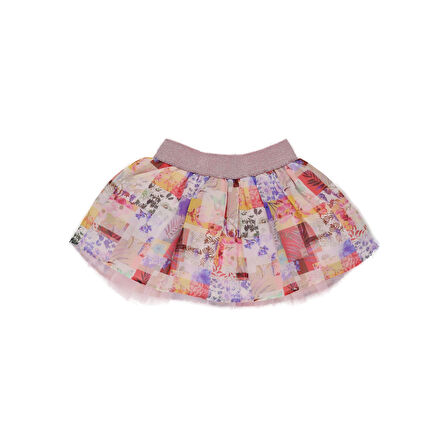 Kız ÇocukPatchwork Desenli Katlı Beli Lastikli Etek Pembe