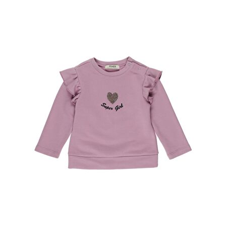 Panço Kız Çocuk Omzu Volan Detaylı Nakışlı Sweatshirt Lila