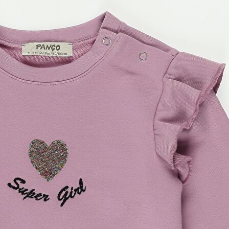 Panço Kız Çocuk Omzu Volan Detaylı Nakışlı Sweatshirt Lila
