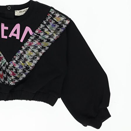 Panço Kız Bebek Kazayağı Desenli Tül Detaylı Sweatshirt