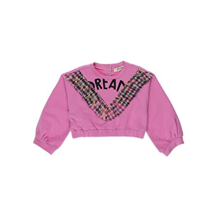 Panço Kız Çocuk Kazayağı Desenli Tül Detaylı Sweatshirt Fuşya