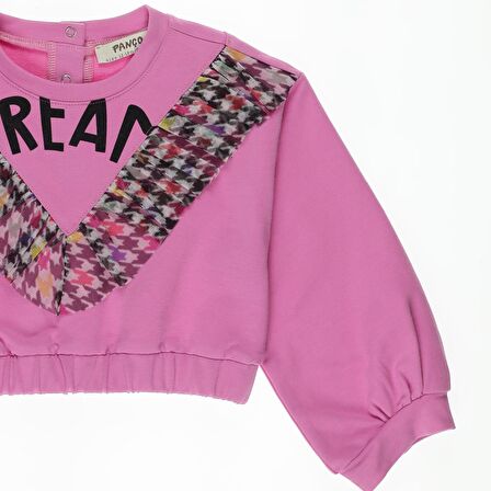 Panço Kız Çocuk Kazayağı Desenli Tül Detaylı Sweatshirt Fuşya