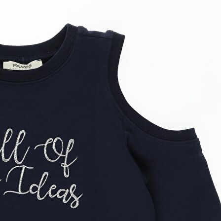 Panço Kız Çocuk  Omuz Detaylı Yazı Nakışlı Sweatshirt