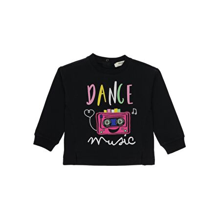 Panço Kız Çocuk 3 Boyutlu Kaset Baskılı Sweatshirt Siyah