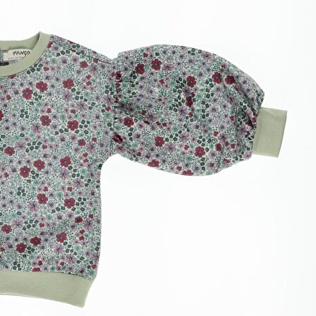 Panço Kız Çocuk Çiçek Desenli Kolu Büzgülü Sweatshirt Yeşil