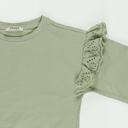 Panço Kız Çocuk Kolları Dantel Detaylı Sweatshirt Yeşil