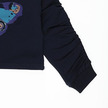 Panço Kız Çocuk Büzgü Detaylı Kelebek Nakışlı Sweatshirt Lacivert