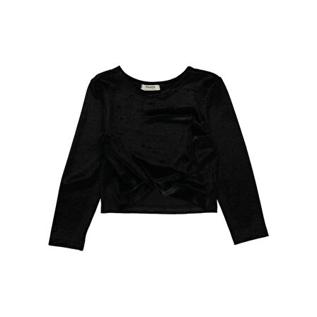 Panço Kız Çocuk  Önü Detaylı Kadife Uzun Kollu T-shirt