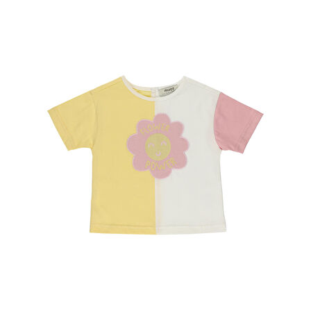 Panço Kız Çocuk Çiçek Desen Nakışlı T-shirt Sarı