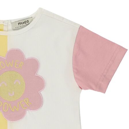 Panço Kız Çocuk Çiçek Desen Nakışlı T-shirt Sarı