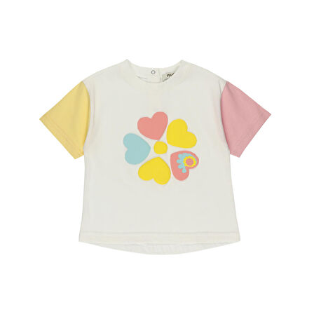 Panço Kız Çocuk Çiçek Desen Baskılı T-shirt Beyaz