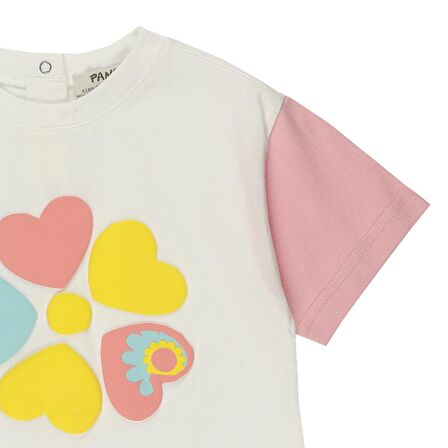 Panço Kız Çocuk Çiçek Desen Baskılı T-shirt Beyaz
