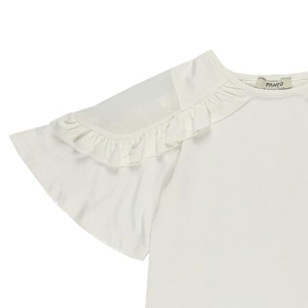 Panço Kız Çocuk Fırfır Detaylı T-Shirt Ekru