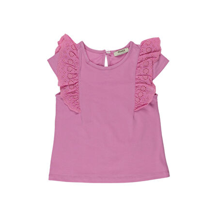 Panço Kız Çocuk Fırfır Detaylı T-Shirt Pembe