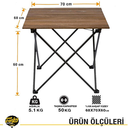 FUNKY CHAIRS Elegance Ceviz Desen Katlanabilir Kamp ve Piknik Masası 68x70x60cm