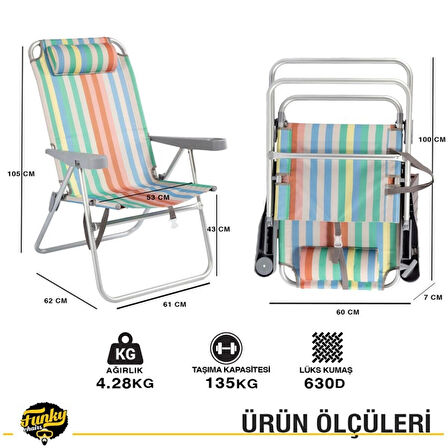 FUNKY CHAIRS Sunny 5 Kademeli Alüminyum Kamp ve Plaj Sandalyesi + Şemsiye Seti