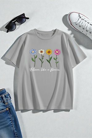 Unisex Flowers Baskılı Tasarım Tişört