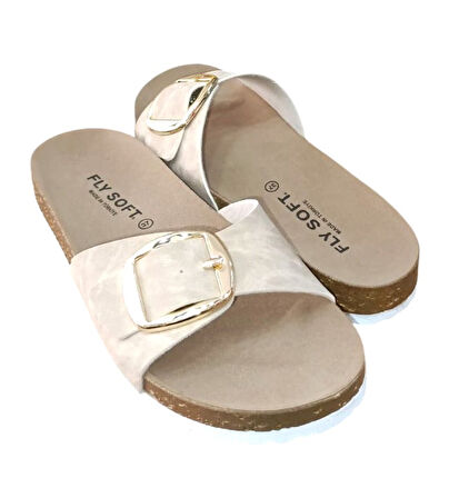 Fly Soft S042.020 Kadın Tek Tokalı Mantar Taban Yazlık Comfort Terlik Bej