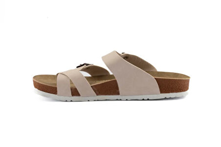 Fly Soft S042.031 Kadın Parmak Arası Çift Tokalı Mantar Taban Comfort Terlik Bej