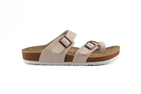 Fly Soft S042.031 Kadın Parmak Arası Çift Tokalı Mantar Taban Comfort Terlik Bej
