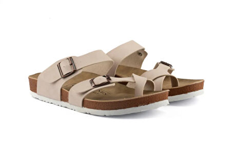Fly Soft S042.031 Kadın Parmak Arası Çift Tokalı Mantar Taban Comfort Terlik Bej