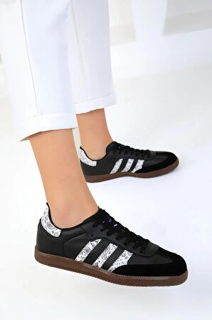  Kadın Siyah / Beyaz  Spor Sneaker Bağcıklı Günlük Rahat Taban Ayakkabı